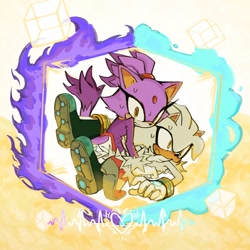 Size: 2048x2048 | Tagged: safe, artist:korowind, blaze the cat, silver the hedgehog, cat, hedgehog, 2025, cube, duo, female, fire, looking at viewer, looking offscreen, male, protecting, shield, shipping, silvaze, straight, sweatdrop
