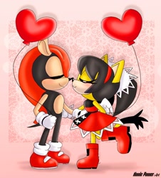 Size: 1664x1844 | Tagged: safe, artist:nonicpower, honey the cat, mighty the armadillo, armadillo, cat, 2025, abstract background, balloon, blushing, duo, female, heart, holding something, honey x mighty, male, shipping, snuggling, straight