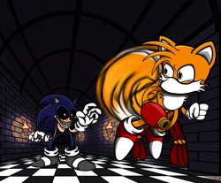 Size: 3050x2520 | Tagged: safe, artist:nopeitaint, miles "tails" prower, sonic the hedgehog, oc, oc:2011x, oc:sonic.exe, 2025, alternate universe, arm buster, au:outcome memories, black sclera, bleeding, bleeding from eyes, blood, crying, duo, flying, mid-air, reaching out, sharp teeth, shrunken pupils, spinning tails, standing, tears, torch, weapon