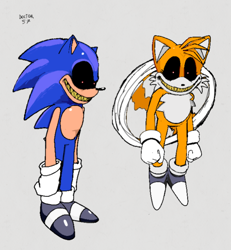 Size: 720x779 | Tagged: safe, artist:doctor57, miles "tails" prower, sonic the hedgehog, oc, oc:2011x, oc:2012y, oc:sonic.exe, oc:tails.exe, alternate universe, au:outcome memories, black sclera, duo, flat colors, flying, grey background, mid-air, sharp teeth, signature, simple background, smile, spinning tails, standing, yellow teeth