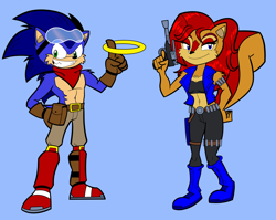 Size: 2546x2022 | Tagged: safe, artist:jordango, sally acorn, sonic the hedgehog, chipmunk, hedgehog, 2024, alternate universe, au:sonic odyssey, bare chest, blue background, clothes, duo, female, grin, gun, holding something, male, pants, pistol, pose, redesign, ring, sally x sonic, shipping, simple background, smile, straight, weapon