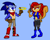 Size: 2546x2022 | Tagged: safe, artist:jordango, sally acorn, sonic the hedgehog, chipmunk, hedgehog, 2024, alternate universe, archie sonic the hedgehog, au:sonic odyssey, bare chest, blue background, clothes, duo, female, grin, gun, holding something, male, pants, pistol, pose, redesign, ring, sally x sonic, shipping, simple background, smile, straight, weapon