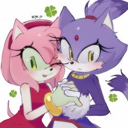 Size: 2048x2048 | Tagged: safe, artist:mmyxchz, amy rose, blaze the cat, 2026, amy x blaze, amybetes, blazebetes, blushing, cute, duo, four leaf clover, holding hands, lesbian, shipping, signature, simple background, smile, tongue out, white background, wink