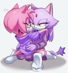 Size: 1895x2048 | Tagged: safe, artist:nikkikaji, amy rose, blaze the cat, 2026, amy x blaze, amybetes, blazebetes, cute, duo, eyes closed, heart, holding each other, kneeling, lesbian, lidded eyes, looking at them, pijamas, shipping, simple background, sitting, sitting on them, smile, wagging tail, white background