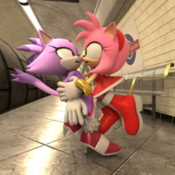 Size: 1920x1920 | Tagged: safe, artist:yuniegami, amy rose, blaze the cat, cat, hedgehog, 2026, 3d, amy x blaze, bench, duo, hugging, lesbian, looking at each other, mouth open, outdoors, shipping, standing, subway, surprise hug, surprised
