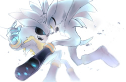 Size: 1225x802 | Tagged: safe, artist:_jam_toast, silver the hedgehog, hedgehog, 2026, black sclera, duo, fangs, fight, looking at each other, mid-air, mouth open, self paradox, simple background, smile, venice the hedgehog, white background