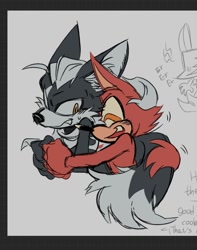 Size: 821x1042 | Tagged: safe, artist:koab1112, gadget the wolf, infinite the jackal, 2026, cute, duo, gadgebetes, gay, grey background, hugging, hugging from behind, one fang, rookinite, shipping, simple background, smile, sweatdrop