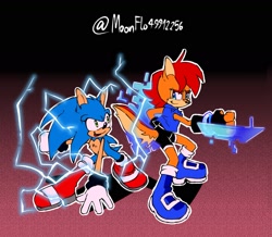 Size: 1669x1455 | Tagged: safe, artist:applexd-moonflo, sally acorn, sonic the hedgehog, oc, oc:maurice the hedgehog (syrcaii), chipmunk, hedgehog, 2022, alternate outfit, alternate universe, au:resonance, duo, electricity, female, fighting pose, looking at each other, nonbinary, outline, pose, sally x sonic, sally's ringblader outfit, shipping, smile, straight, white outline