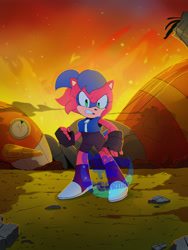 Size: 1536x2048 | Tagged: safe, artist:cerberustheterrible, oc, oc:alice acorn, chipmunk, 2024, backlighting, clenched fist, clenched teeth, debris, destroyed robot, fankid, female, fighting pose, fire, looking at viewer, parent:sally, parent:sonic, parents:sonally, pose, redraw, solo, watermark