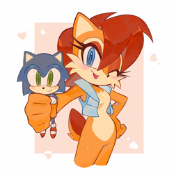 Size: 2048x2048 | Tagged: safe, artist:candleyy, sally acorn, sonic the hedgehog, chipmunk, hedgehog, 2025, abstract background, blushing, cute, duo, female, hand on hip, head tilt, heart, holding something, looking at viewer, macro, male, sally x sonic, sally's vest and boots, shipping, smile, smiling at viewer, straight, tongue out, valentine's day, wink, winking at viewer