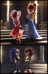 Size: 1326x2048 | Tagged: safe, artist:kadecreate, amy rose, sally acorn, shadow the hedgehog, sonic the hedgehog, chipmunk, hedgehog, 2025, abstract background, alternate universe, amy x shadow, building, clothes, crown, dress, duo, female, flower, flower in ear, fully clothed, glasses, gloves, gun, hat, jewelry, king sonic, male, pants, pistol, pose, queen sally acorn, rose, sally x sonic, shipping, shirt, shoes, sleeveless dress, sparkles, stairs, straight, suit, tiara, weapon