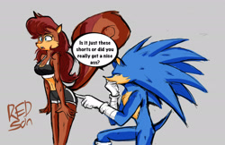 Size: 2386x1544 | Tagged: safe, artist:theredson13, sally acorn, sonic the hedgehog, hedgehog, squirrel, 2024, clothes, dialogue, duo, english text, female, grey background, long hair, male, sally x sonic, shipping, simple background, species swap, speech bubble, straight, touching, workout outfit