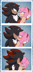 Size: 2649x5740 | Tagged: safe, artist:witchbarbs, amy rose, shadow the hedgehog, hedgehog, 2025, amy x shadow, blue background, blushing, comic, duo, female, hugging, kiss, looking at each other, male, redraw, shipping, straight