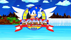 Size: 1024x576 | Tagged: safe, artist:linkabel32, sonic the hedgehog, sonic the hedgehog (1991), 2022, classic sonic, classic style, clouds, emblem, looking at viewer, pointing, redraw, sega logo, smile, solo, style emulation, title screen, wagging finger, water, waterfall