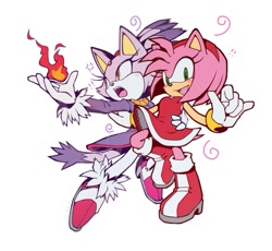 Size: 735x677 | Tagged: safe, artist:mimi_tuna, editor:mimi tuna, amy rose, blaze the cat, 2026, amy x blaze, blushing, duo, edit, fire, flame, holding them, lesbian, looking at viewer, looking offscreen, mouth open, shipping, simple background, smile, swirl, white background