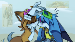 Size: 783x435 | Tagged: safe, artist:skyt903, kit the fennec, miles "tails" prower, 2026, cute, duo, exclamation mark, eyes closed, fur markings, gay, kiss, kit x tails, mask, reference inset, shipping, smile, standing, surprise kiss, surprised