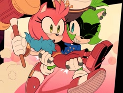 Size: 908x681 | Tagged: safe, artist:surgezk, editor:surgezk, amy rose, surge the tenrec, the murder of sonic the hedgehog, 2023, blushing, carrying them, crack shipping, duo, edit, lesbian, outfit swap, piko piko hammer, running, shipping, surgamy, treads, wink