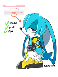 Size: 535x705 | Tagged: safe, artist:sookilini, kit the fennec, 2026, english text, frown, lidded eyes, one fang, reference inset, signature, simple background, solo, standing, text, white background