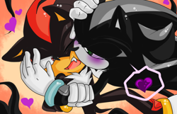 Size: 1024x658 | Tagged: safe, artist:theretrogirl, mephiles the dark, shadow the hedgehog, 2022, blushing, duo, gay, heart, kiss, kiss on cheek, mephadow, mouth open, one eye closed, purple blush, shipping, speech bubble
