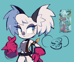 Size: 815x682 | Tagged: safe, artist:motobugg, barby koala, koala, 2025, armband, belt, eyelashes, gloves, hand on hip, lidded eyes, looking offscreen, reference inset, rope, simple background, smile, solo