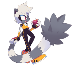 Size: 1309x1144 | Tagged: safe, artist:motobugg, tangle the lemur, 2025, apple, food, fruit, holding something, looking offscreen, mouth open, open smile, simple background, smile, solo, standing, transparent background