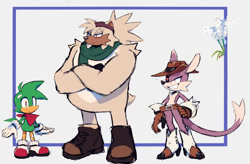 Size: 1434x943 | Tagged: safe, artist:motobugg, bark the polar bear, bean the dynamite, nack the weasel, 2024, arm fluff, arms folded, bandana, beanabeties, beanie, belt, boots, cute, dark bags under eyes, flower, frown, gloves, hand on hip, hat, heels, lidded eyes, looking offscreen, scarf, shoes, shoulder fluff, smile, socks, standing, team hooligan, trio