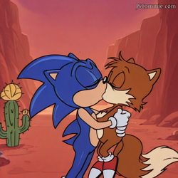 Size: 1024x1024 | Tagged: safe, ai art, artist:jscammie, artist:whoactuallycares155, miles "tails" prower, sonic the hedgehog, adventures of sonic the hedgehog, 2025, abstract background, age difference, cactus, canyon, carrying them, duo, eyes closed, fake screenshot, gay, holding each other, holding them, kiss, outdoors, shipping, show accurate, sonic x tails, standing