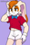 Size: 512x768 | Tagged: safe, ai art, artist:mobians.ai, artist:whoactuallycares155, cream the rabbit, oc, oc:custard the rabbit, rabbit, 2024, belly button, bowtie, gender swap, hand on face, lidded eyes, looking at viewer, male, midriff, purple background, shirt, shorts, simple background, smile, solo, standing, tan nose