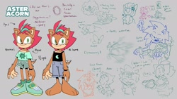 Size: 2048x1152 | Tagged: safe, artist:jubileenie, sally acorn, sonic the hedgehog, oc, oc:ariette acorn, oc:aster acorn, chipmunk, hedgehog, 2025, book, bracelet, broken glass, brother and sister, butterfly, character name, child, chili dog, clothes, dialogue, dragon, english text, fankid, father and child, father and daughter, female, flower, flower crown, food, holding something, hot dog, literal animal, male, pants, parent:sally, parent:sonic, parents:sonally, pointing, ponytail, reading, reference sheet, screaming, shirt, shorts, siblings, sleeping, sleeveless shirt, sofa, solo, speech bubble, zzz