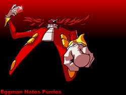 Size: 900x675 | Tagged: safe, artist:oddwarg, robotnik, human, 2010, chaos emerald, clenched teeth, eggman hates furries, english text, game name, gradient background, holding something, looking at viewer, pointing, pointing at viewer, shine, solo, text