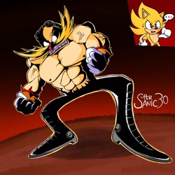 Size: 1450x1450 | Tagged: safe, artist:supersanic30, robotnik, sonic the hedgehog, super sonic, human, ..., clenched fists, clenched teeth, duo, eggman hates furries, goggles, gradient background, muscular, muscular robotnik, nipples, outline, shocked, signature, solo focus, speech bubble, standing, super form, super robotnik, sweatdrop, topless