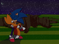 Size: 2314x1724 | Tagged: safe, artist:massoholic, miles "tails" prower, sonic the hedgehog, 2022, absurd res, age difference, bruise, carrying them, crescent moon, duo, eggman hates furries, eyes closed, gay, grass, holding each other, hole, injured, kiss, moon, nighttime, outdoors, rain, redraw, shipping, sonic x tails, star (sky), torn gloves