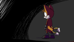 Size: 2294x1295 | Tagged: safe, artist:massoholic, miles "tails" prower, oc, oc:villain miles, comic:where was my hero?, 2022, blood, blood stain, clenched fist, clenched teeth, creepy, dark bags under eyes, dripping, dripping blood, from behind, looking at viewer, looking back, looking back at viewer, missing fur, shrunken pupils, smile, solo, standing