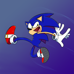 Size: 1605x1605 | Tagged: safe, artist:massoholic, sonic the hedgehog, 2021, absurd res, gradient background, jumping, looking back, mid-air, mouth open, open smile, smile, solo, treads, vulgar description