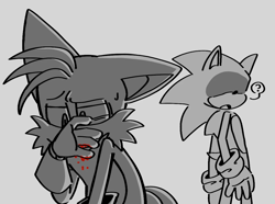 Size: 1199x890 | Tagged: safe, artist:ilovetails, miles "tails" prower, sonic the hedgehog, 2025, age difference, bleeding, bleeding from mouth, blood, duo, eye twitch, floppy ear, gay, grey background, greyscale, hanahaki disease, looking at them, looking back, monochrome, question mark, shadowed face, shipping, simple background, sonic x tails, spot color, sweatdrop