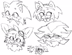 Size: 2047x1578 | Tagged: safe, artist:battiegutz, amy rose, miles "tails" prower, shadow the hedgehog, sonic the hedgehog, 2022, amybetes, beanbrows, blushing, chest fluff, english text, eye clipping through hair, eyebrow clipping through hair, eyewear on head, floppy ears, frown, goggles, goggles on head, group, happy, head only, headshot, lidded eyes, line art, looking offscreen, monochrome, mouth open, shadow is not amused, shadowbetes, simple background, sketch, smile, sonabetes, star (symbol), tailabetes, text, unamused, white background