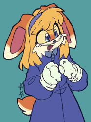 Size: 1528x2048 | Tagged: safe, artist:battiegutz, maria robotnik, rabbit, 2023, cute, eye clipping through hair, eyebrow clipping through hair, eyelashes, flat colors, looking offscreen, mariabetes, mobianified, mouth open, nasal cannula, one fang, open smile, simple background, sketch, smile, solo, species swap, standing, star (symbol), turquoise background, yellow sclera