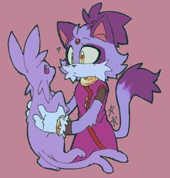 Size: 1955x2048 | Tagged: safe, artist:battiegutz, blaze the cat, cat, 2023, blazebetes, confused, cute, duo, espeon, eyelashes, flat colors, fur markings, holding them, looking at each other, pink background, pokemon, question mark, simple background, standing, star (symbol), yellow sclera