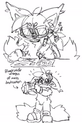 Size: 1364x2048 | Tagged: safe, artist:battiegutz, miles "tails" prower, arm fluff, arrow, beanbrows, blueprint, chest fluff, crotch fluff, cute, ear fluff, english text, eye clipping through hair, eyewear on head, fluffy, frown, goggles, goggles on head, holding something, line art, looking at something, monochrome, pencil, simple background, sketch, smile, solo, standing, tailabetes, text, this won't end well, tongue out, too cute to be taken seriously, white background