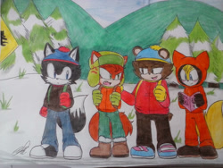 Size: 1024x768 | Tagged: safe, artist:idalyaoisonic1344, bear, cat, fox, wolf, 2015, angry, argument, barely sonic related, beanie, blushing, boots, bus stop, coat, cross popping vein, eric cartman, frown, gloves, grass, group, hat, hood up, kenny mccormick, kyle broflovski, looking at each other, looking at something, looking at them, magazine, mobianified, mountain, one fang, outdoors, pants, pine tree, road sign, shoes, sign, smile, snow, south park, stan marsh, standing, traditional media, tree, ushanka hat