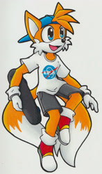 Size: 1024x1739 | Tagged: safe, artist:sassymelvin, miles "tails" prower, fox, 2021, alternate outfit, cap, clothes, fully clothed, glasses, happy, hat, holding something, male, nasa, shirt, shoes, shorts, simple background, skateboard, solo, t-shirt, white background