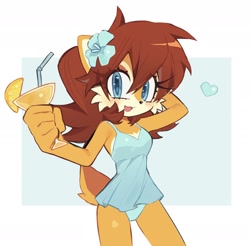 Size: 1536x1510 | Tagged: safe, artist:candleyy, sally acorn, chipmunk, 2026, alternate outfit, clothes, cocktail, cocktail glass, dress, drink, female, flower, flower in ear, fruit, holding something, looking at viewer, orange, pose, simple background, solo, summer