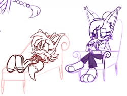 Size: 1271x956 | Tagged: safe, artist:doc_animator_n, fiona fox, nicole the hololynx, fox, lynx, 2026, alternate outfit, black and white, chair, clothes, colorless, duo, female, lying down, sitting, therapy, trauma