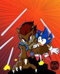 Size: 2048x2538 | Tagged: safe, artist:erictmason, artist:fini-mun, sally acorn, sonic the hedgehog, chipmunk, hedgehog, 2021, blushing, carrying them, duo, female, male, running, sally x sonic, sally's vest and boots, shipping, straight, were form