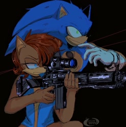Size: 1012x1024 | Tagged: safe, artist:seo0999, sally acorn, sonic the hedgehog, chipmunk, hedgehog, 2024, aiming, black background, duo, gun, holding something, looking offscreen, rifle, sally's vest and boots, simple background, weapon