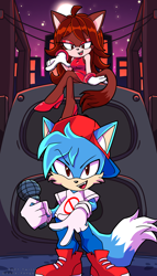 Size: 2350x4096 | Tagged: safe, artist:kanayanga, cat, fox, boyfriend (friday night funkin'), building, clothes, duo, female, friday night funkin, girlfriend (friday night funkin'), holding something, looking at viewer, male, microphone, mobianified, moon, nighttime, sitting, speaker, star (sky)