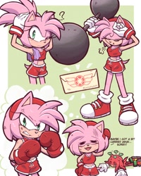 Size: 1600x2000 | Tagged: safe, artist:luckyjayde20, amy rose, knuckles the echidna, boxing gloves, female, ponytail, sweat, watermark, weightlifting