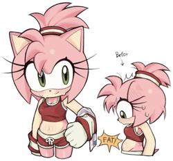 Size: 1323x1229 | Tagged: safe, artist:fucxlol, amy rose, blushing, ponytail, sweat, weight gain, workout outfit