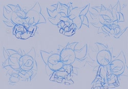 Size: 2048x1431 | Tagged: safe, artist:kirby64star, espio the chameleon, shadow the hedgehog, 2026, duo, gay, grey background, heart, hugging, kiss, line art, monochrome, shadpio, shipping, simple background, sketch, sketch page