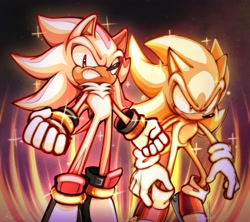 Size: 2048x1821 | Tagged: safe, artist:kajiilitz, shadow the hedgehog, sonic the hedgehog, super shadow, super sonic, sonic adventure 2, 2026, clenched teeth, duo, flying, frown, looking at viewer, looking offscreen, mid-air, redraw, space, sparkles, super form